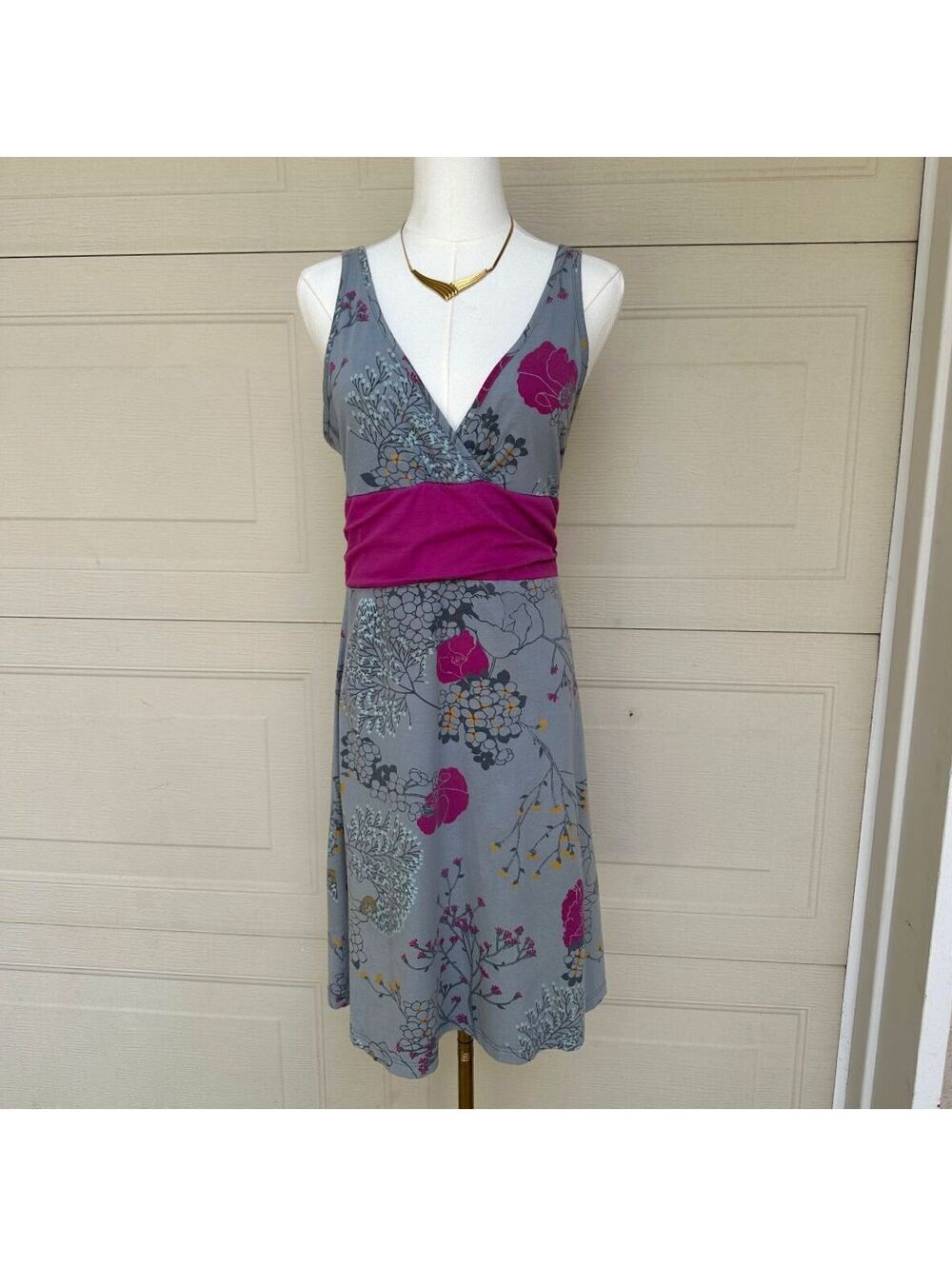 Patagonia Floral Organic Cotton Dress Gray Pink Sleeveless Empire Waist M
